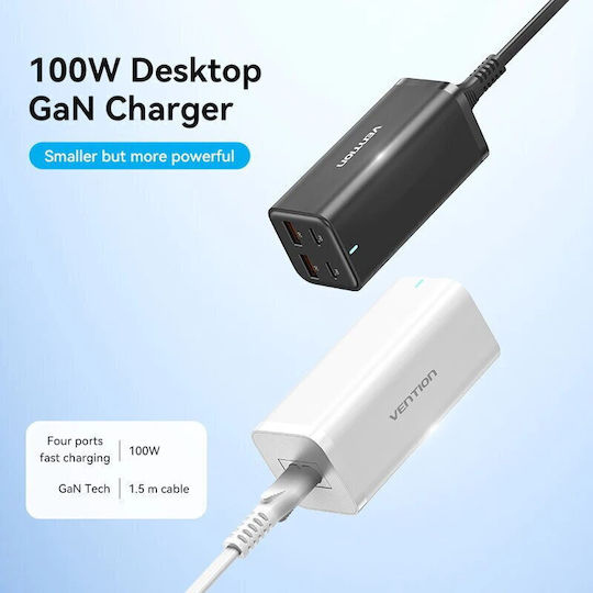 Vention Charger GaN with 2 USB-A Ports and 2 USB-C Ports and Cable USB-C - USB-C 100W Power Delivery / Quick Charge 3.0 Blacks (FBSBG-EU)