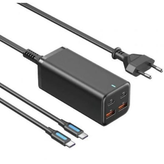 Vention Charger GaN with 2 USB-A Ports and 2 USB-C Ports and Cable USB-C - USB-C 100W Power Delivery / Quick Charge 3.0 Blacks (FBSBG-EU)