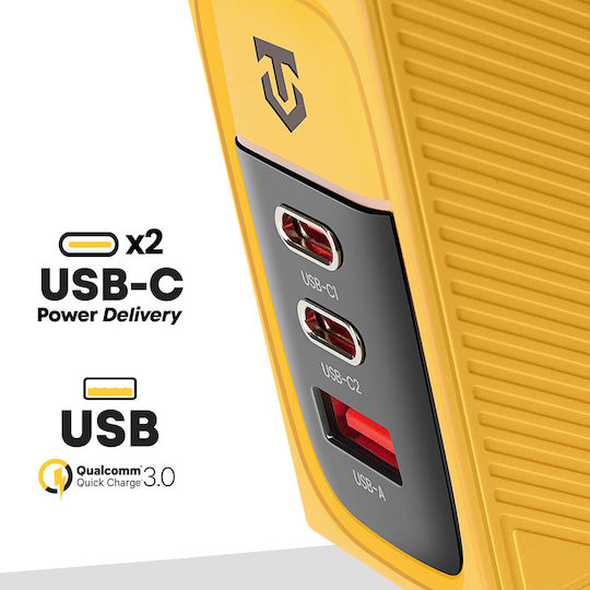 Tactical Medical Solutions Wireless Charger GaN With USB-A Port And 2 USB-C Ports 100W Power Delivery Quick Charge 3.0 Yellow Nett Warrior Gan