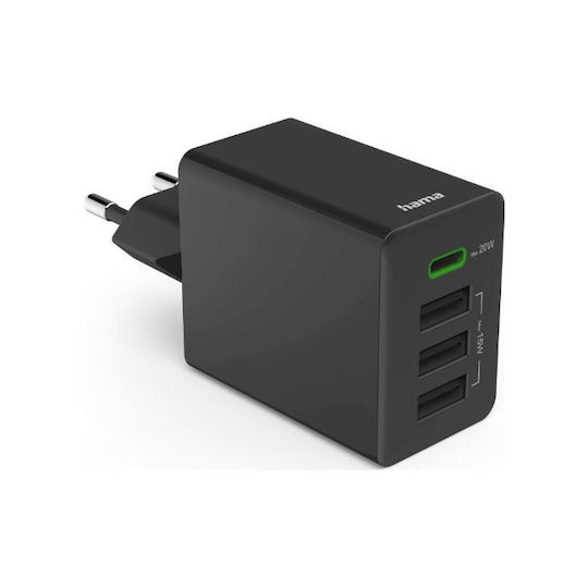 HAMA Charger Without Cable with 3 USB-A Ports and USB-C Port 35W Power Delivery / Quick Charge 3.0 Blacks (00201990)
