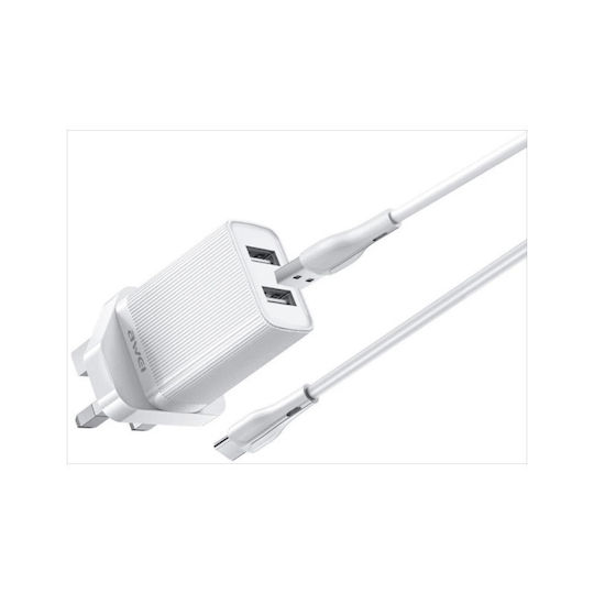 Awei Încărcător cu 2 Porturi USB-A și Cablu USB-C 10W Albς (C15T-UK)