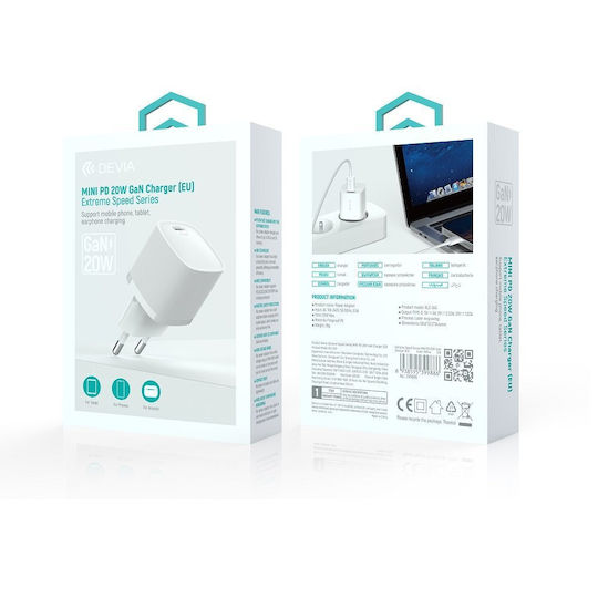 Devia Φορτιστής Χωρίς Καλώδιο GaN με Θύρα USB-C 20W Power Delivery Λευκός (RLC-543)