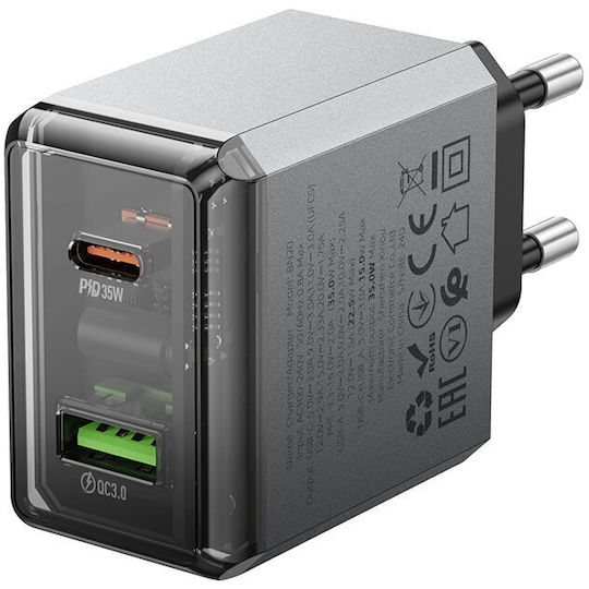 Borofone Charger Without Cable with USB-A Port and USB-C Port 35W Power Delivery / Quick Charge 3.0 Gray (BN20 Lena)