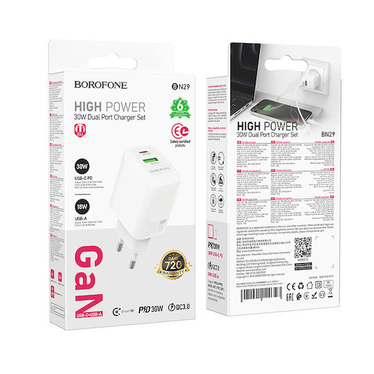 Borofone Charger Without Cable GaN with USB-A Port and USB-C Port 30W Power Delivery / Quick Charge 3.0 Whites (BN29)