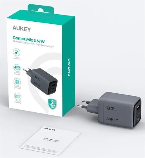 Aukey Charger Without Cable with USB-A Port and 2 USB-C Ports 67W Power Delivery / Quick Charge 5.0 Gray (PA-C3)