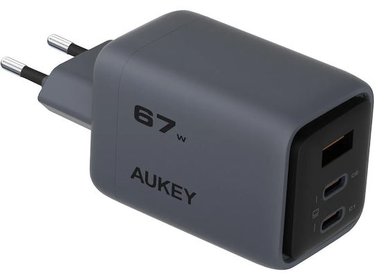 Aukey Charger Without Cable with USB-A Port and 2 USB-C Ports 67W Power Delivery / Quick Charge 5.0 Gray (PA-C3)