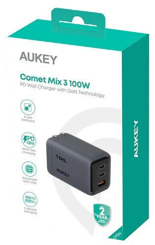 Aukey Charger Without Cable with USB-A Port and 2 USB-C Ports 100W Power Delivery / Quick Charge 5.0 Gray (PA-C5)