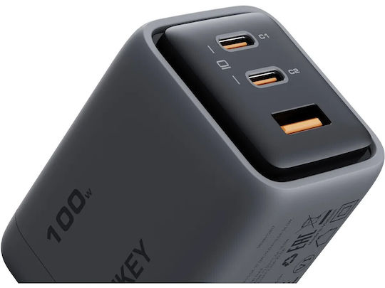 Aukey Charger Without Cable with USB-A Port and 2 USB-C Ports 100W Power Delivery / Quick Charge 5.0 Gray (PA-C5)