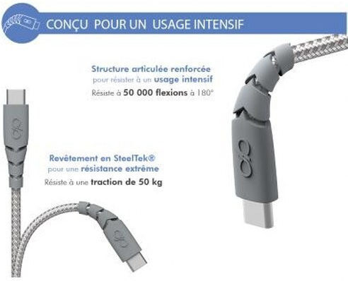 Force Power Ултра-усилен USB-C към USB-C Кабел 2м 3A Сив