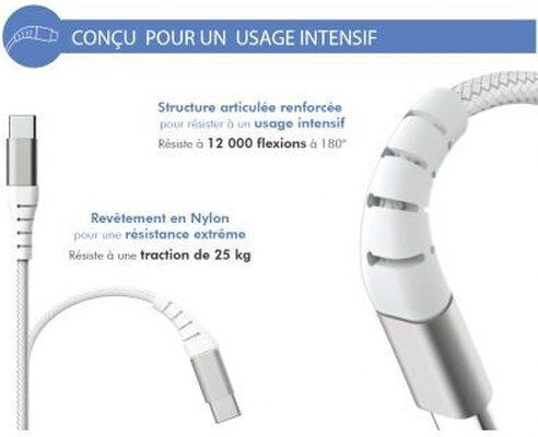 Force Power USB A USB C 2m 3A 15W 12,000 Flexion Resistant Reinforced Cable White