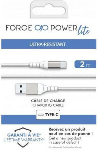 Force Power USB A USB C 2m 3A 15W 12,000 Flexion Resistant Reinforced Cable White