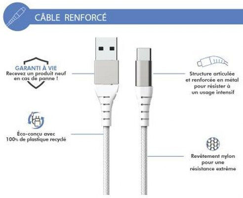 Force Power Verstärktes Usb A Usb C Kabel 1,2m 3a 15w Widerstandsfähig Gegen 12.000 Biegungen Weiß
