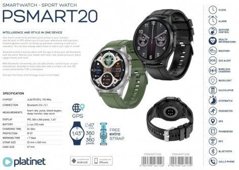 Platinet PSMART20 Smartwatch mit Herzfrequenzsensor (Schwarz)