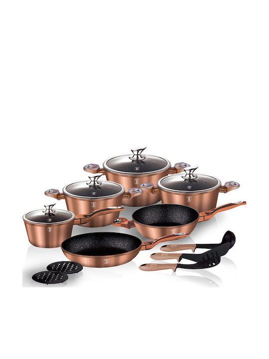 Berlinger Haus Metallic Line Cookware Set of Aluminum with Stone Coating Rose Gold Collection 15pcs
