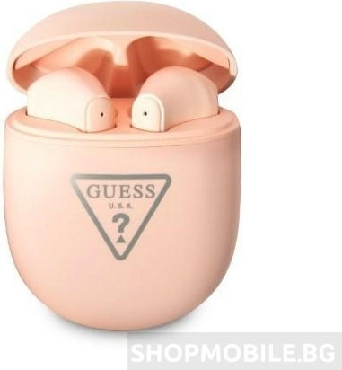 Guess Triangle Logo Earbud Bluetooth Handsfree Ακουστικά με Θήκη Φόρτισης Ροζ