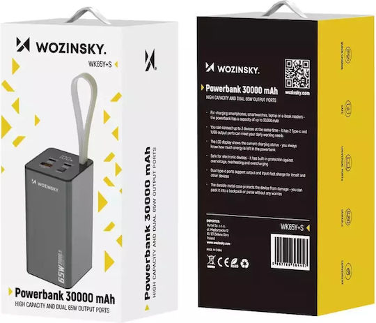 Wozinsky K65+ Power Bank 30000mAh 65W με Θύρα USB-A και 2 Θύρες USB-C Power Delivery Μαύρο