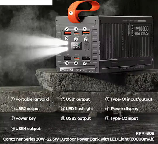 Remax RPP-609 Power Bank 60000mAh 22.5W με 4 Θύρες USB-A και Θύρα USB-C Power Delivery Πράσινο