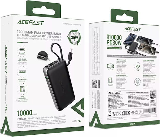Acefast M7 Power Bank 10000mAh 30W with USB-A Port and USB-C Port Power Delivery Black