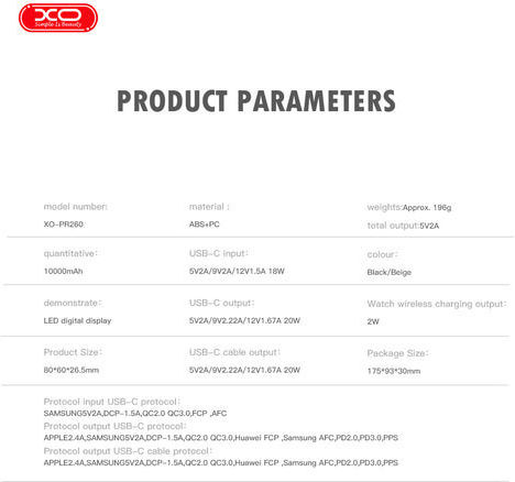 XO PR260 Power Bank 10000mAh 20W με Θύρα USB-C Μαύρο