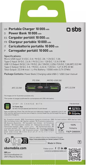 SBS Power Bank 10000mAh 20W με 2 Θύρες USB-A και Θύρα USB-C Power Delivery Μαύρο