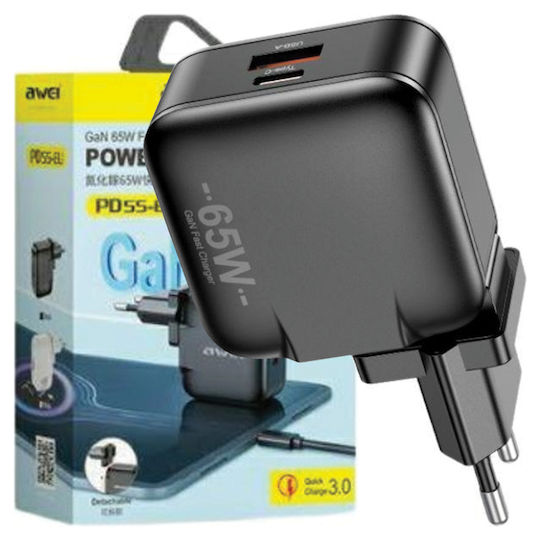 Awei Charger Without Cable GaN with USB-A Port and USB-C Port 65W Quick Charge 3.0 Blacks (PD55)