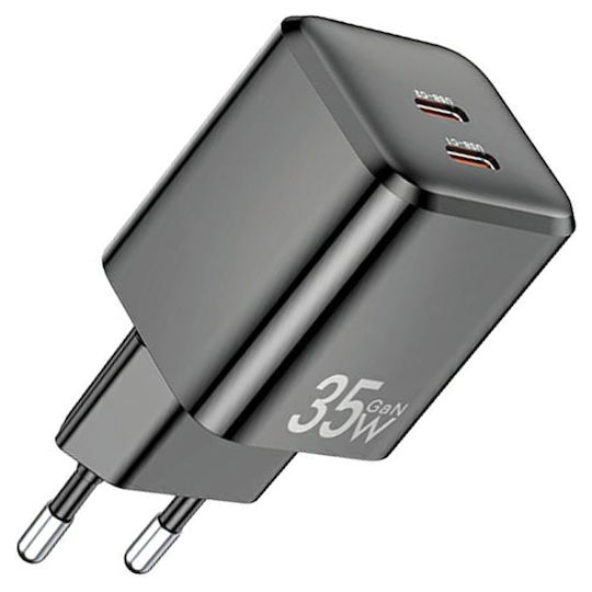 Awei Ladegerät ohne Kabel GaN mit 2 USB-C Anschlüsse 35W Stromlieferung Schwarzs (PD65)