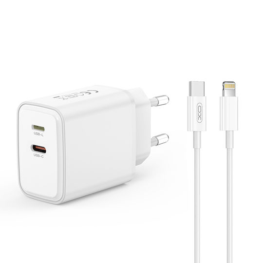 XO Ladegerät mit 2 USB-C Anschlüsse und Kabel USB-C - Lightning 20W Stromlieferung Weißs (L145)
