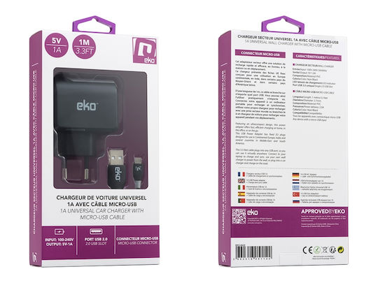 Φορτιστής με Θύρα USB-A και Καλώδιο micro USB 5W Μαύρος (Eko)