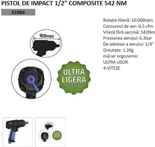 Cheie de impact pneumatică Jbm Jb-52984, ultra-ușoară, 542 Nm, 4 viteze