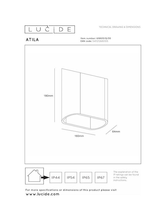 Lucide Lightning Atila Επιτοίχιο Εξωτερικό Φωτιστικό LED IP65 με Θερμό Λευκό Φως