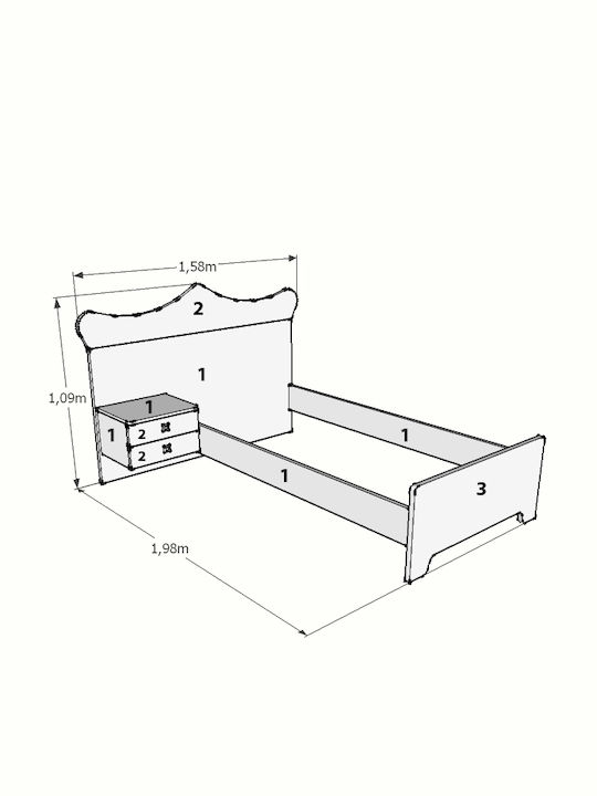 Tiara Kinderbett Klassisch Einzeln Fuchsie für Matratze 90x190cm