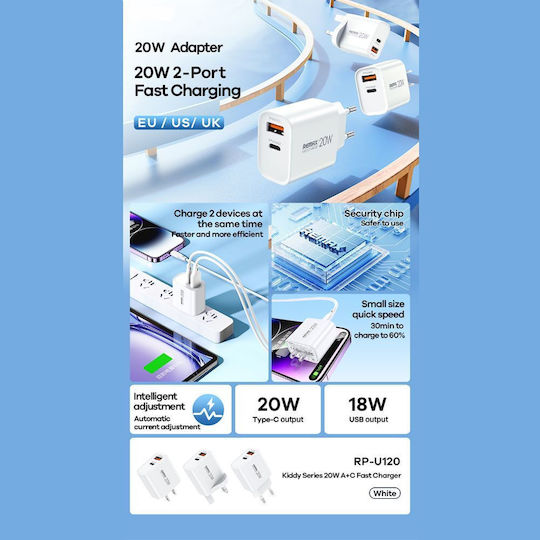 Remax Φορτιστής Χωρίς Καλώδιο με Θύρα USB-A και Θύρα USB-C 20W Quick Charge 3.0 Λευκός (RP-U120)
