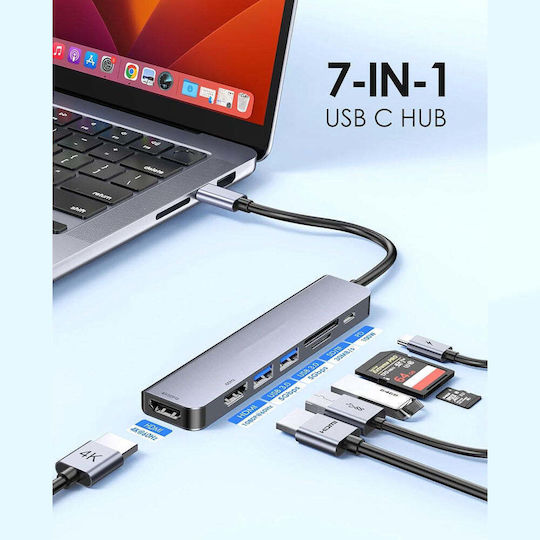 Lamtech 7 In 1 USB-C Stație de andocare cu HDMI 4K PD Gri