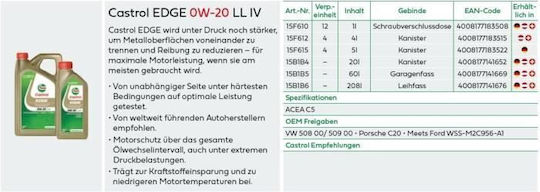 Castrol Edge LL IV Συνθετικό Λάδι Αυτοκινήτου 0W-20 1lt