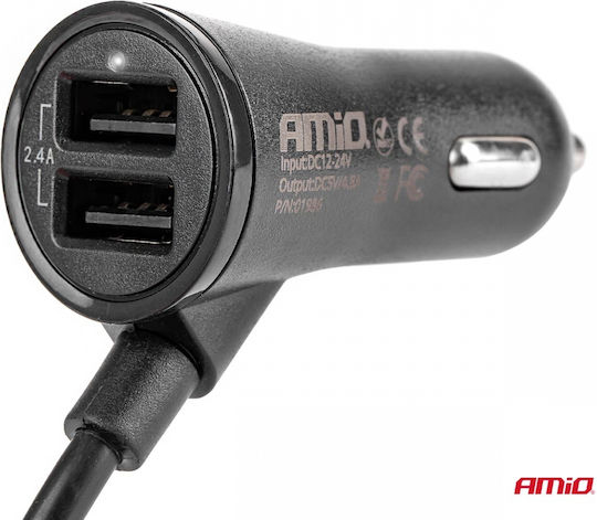 AMiO Încărcător Auto 4.8A cu Porturi: 4xUSB împreună cu Cablu Integrat Negru Culoare