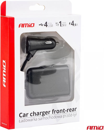 AMiO Încărcător Auto 4.8A cu Porturi: 4xUSB împreună cu Cablu Integrat Negru Culoare