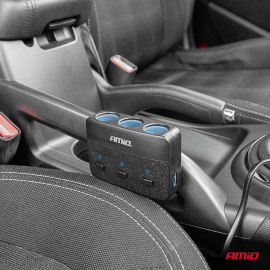 AMiO Car Charger 100W with Ports: 2xUSB 3xLighter with Cable Embedded Black Color
