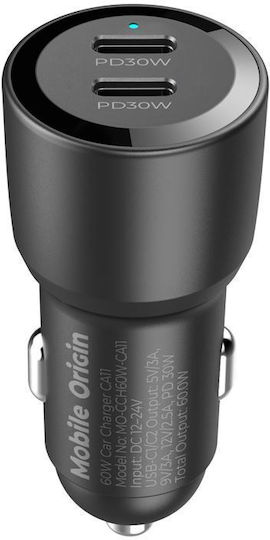 Mobile Origin CA11 Φορτιστής Αυτοκινήτου 60W Γρήγορης Φόρτισης με Θύρες: 2xType-C Μαύρο Χρώμα