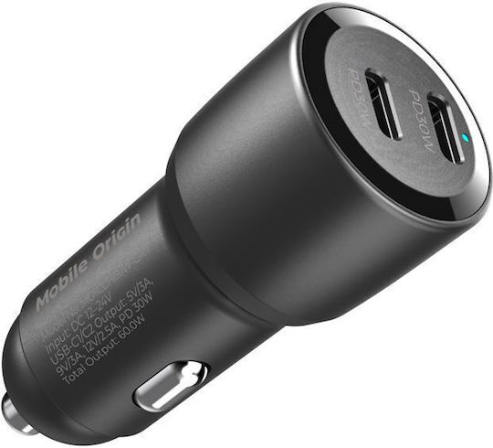 Mobile Origin CA11 Φορτιστής Αυτοκινήτου 60W Γρήγορης Φόρτισης με Θύρες: 2xType-C Μαύρο Χρώμα