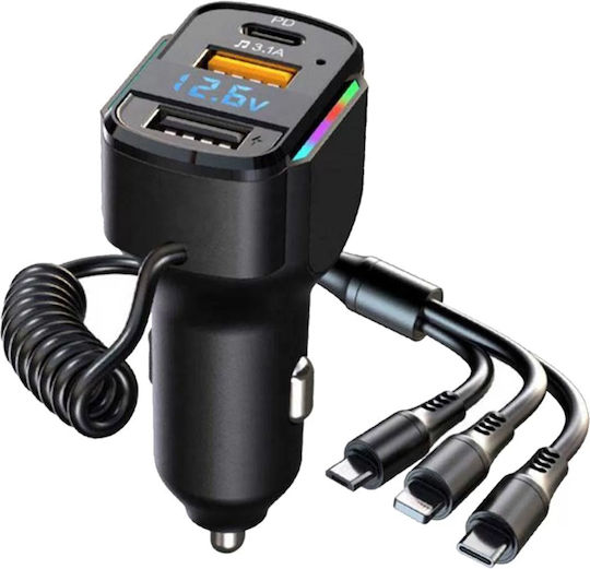 Car Charger 36W 3.1A with Ports 2xUSB 1xType-C with Cable Lightning Type-C mini-USB Black Colour