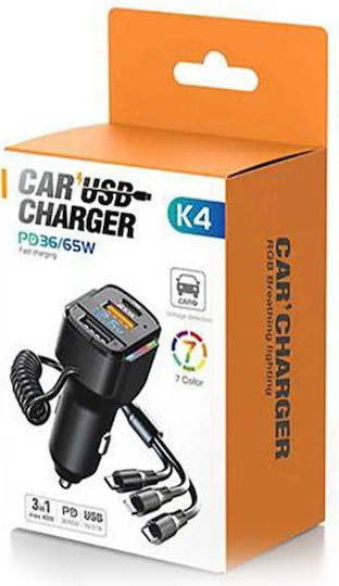 Car Charger 36W 3.1A with Ports 2xUSB 1xType-C with Cable Lightning Type-C mini-USB Black Colour