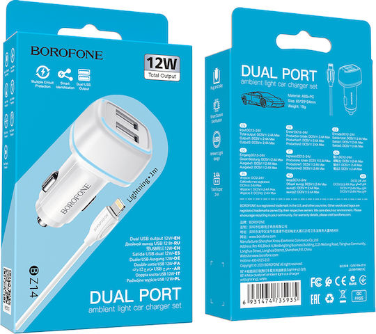 Borofone BZ14 Max Auto-Ladegerät 2.4A mit Anschlüssen: 2xUSB mit Kabel Blitzschlag Weiß Farbe