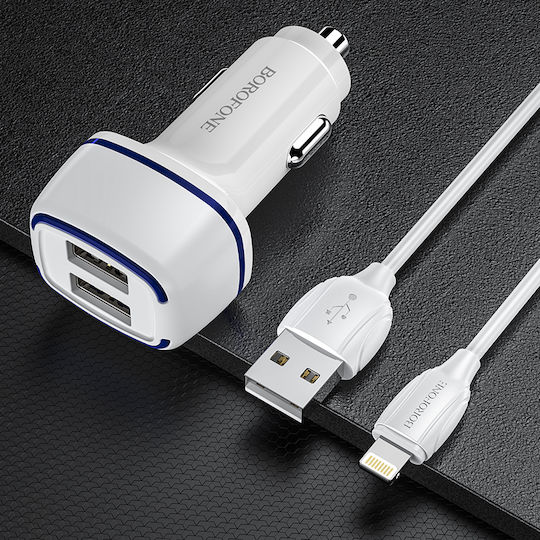 Borofone BZ14 Max Auto-Ladegerät 2.4A mit Anschlüssen: 2xUSB mit Kabel Blitzschlag Weiß Farbe