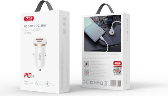 XO Auto-Ladegerät 30W mit Anschlüssen: 1xUSB 1xType-C Weiß Farbe