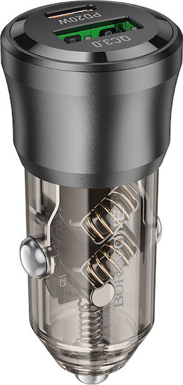 Borofone Auto-Ladegerät 38W 3A mit Anschlüssen: 1xUSB 1xType-C mit Kabel Typ-C,TC-TC Schwarz Farbe