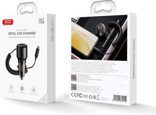XO Φορτιστής Αυτοκινήτου 110W 5A με Θύρες: 1xUSB 1xType-C μαζί με Καλώδιο Type-C Μαύρος