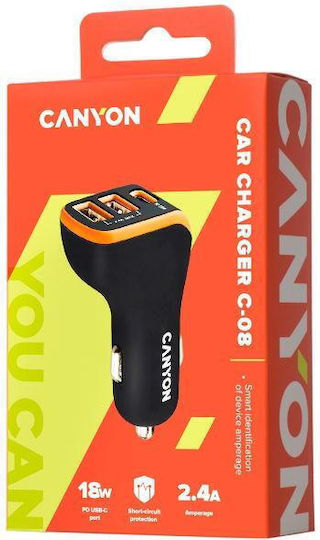 Canyon С-08 Автомобилно Зарядно Устройство 18W 2.4A с 2xUSB-A 1xType-C Черен Цвят