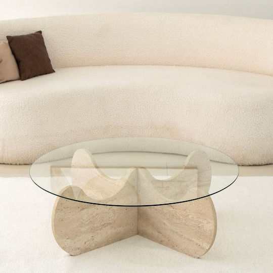 Rundes Zentral Kaffeetisch Himalayas Glas Travertin Beige M90xB90xH30cm