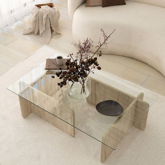 Hanah Home Rechteckiger Zentraler Kaffeetisch Escape Glas Beige M105xL65xH30cm