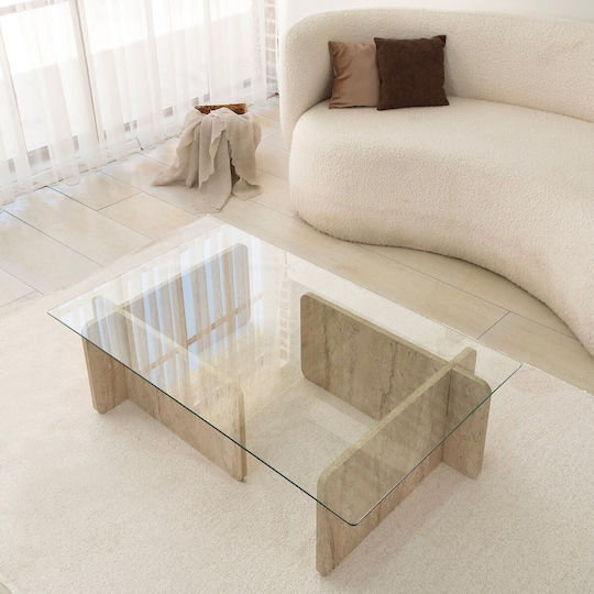 Hanah Home Rechteckiger Zentraler Kaffeetisch Escape Glas Beige M105xL65xH30cm